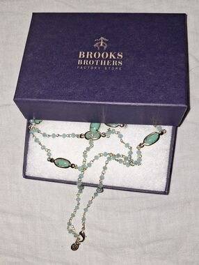 Brooks Brothers 35" Long Gold Tone Blue Beads Faux Turquoise Necklace.